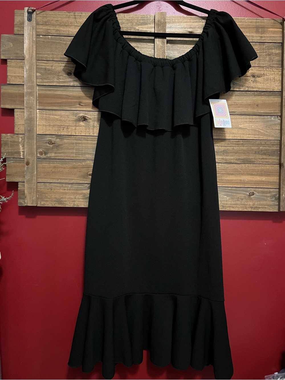 LuLaRoe Cici, Black Off-Shoulder Ruffle Midi Dress, NWT